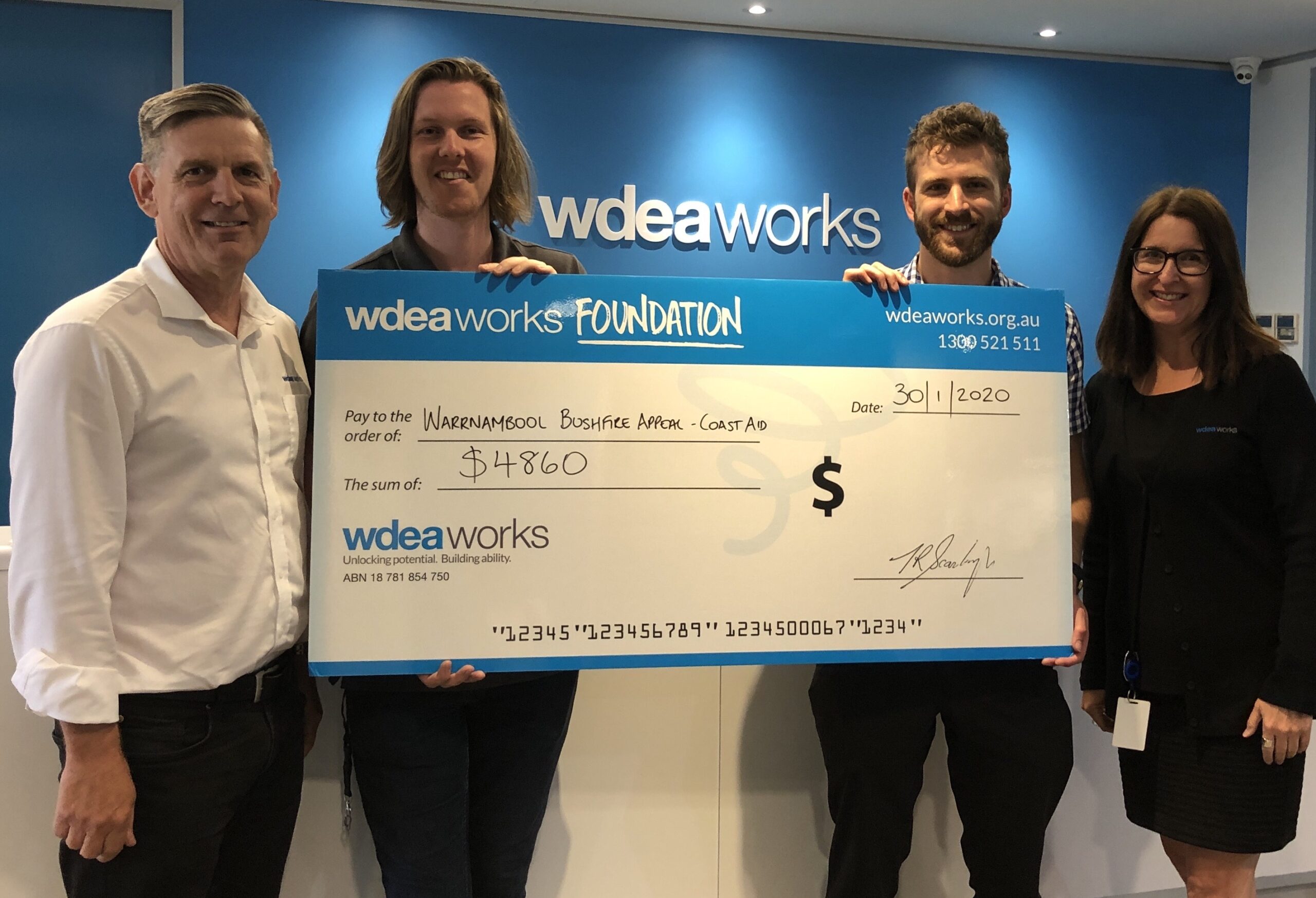 WDEA Works presents a cheque to Coast Aid event organisers. L-R WDEA Works CEO Tom Scarborough, Coast Aid's Garry Roberts & Tom O'Connor and WDEA Works Director of Communications & Engagement Andrea Hogan